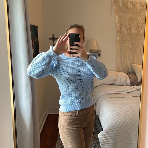 Ann Taylor Loft Sweater Womens Small Blue Ruffle Shoulder - Picture 2 of 7